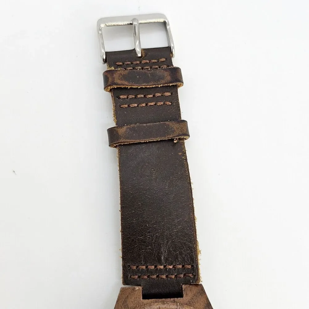 Wood Men's Watch 44MM Brown Dial Case Brown Leather Bands New Battery‎